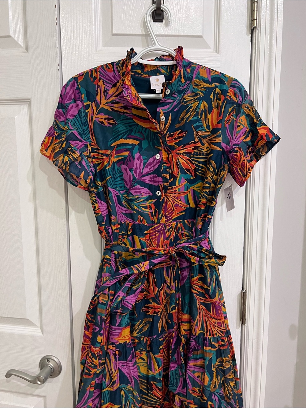 Fall Print Button-Front tie waist Midi Dress - Green/Multi